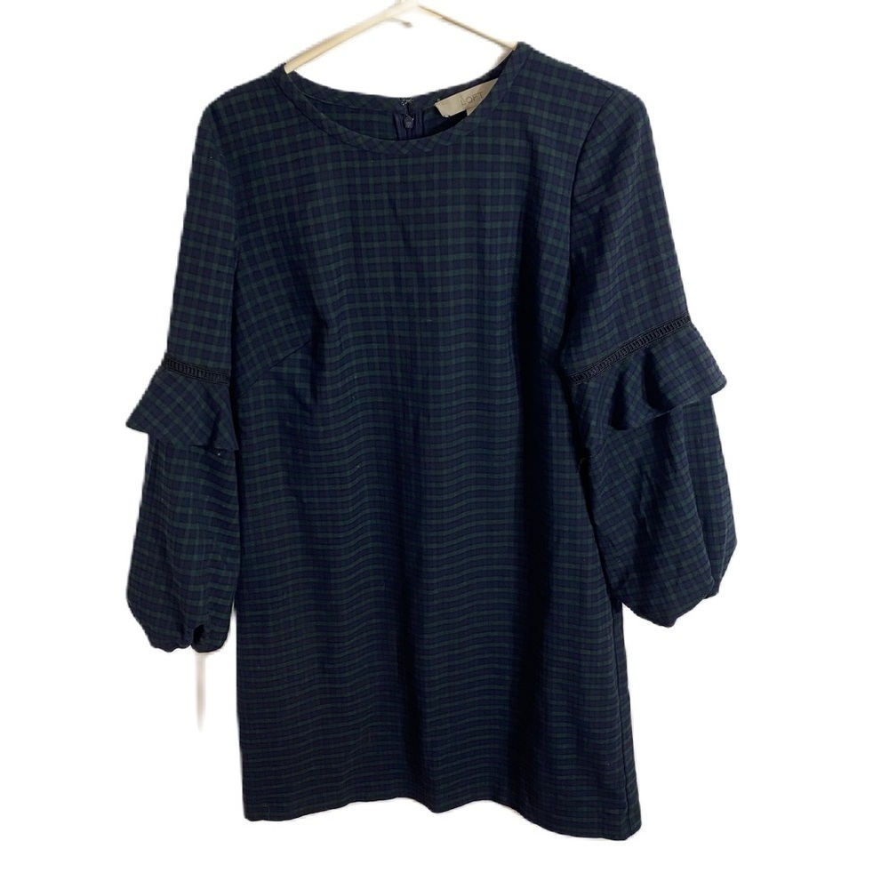Loft Tartan Plaid Balloon Belle Sleeve Dress Sz 8 Green Blue Long Sleeve Women